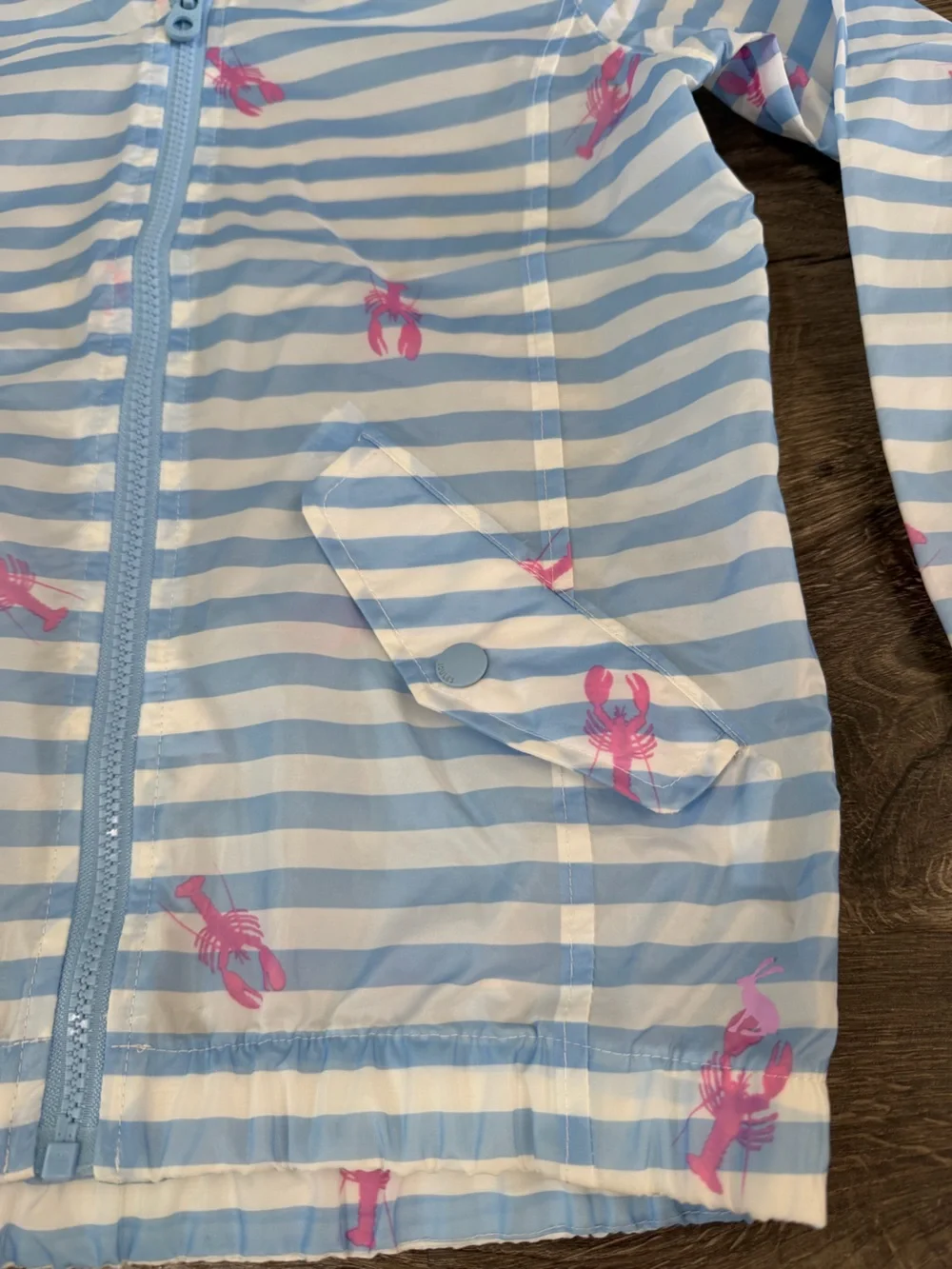 Joules Light Blue & White Striped Hooded Raincoat with Pink Lobsters